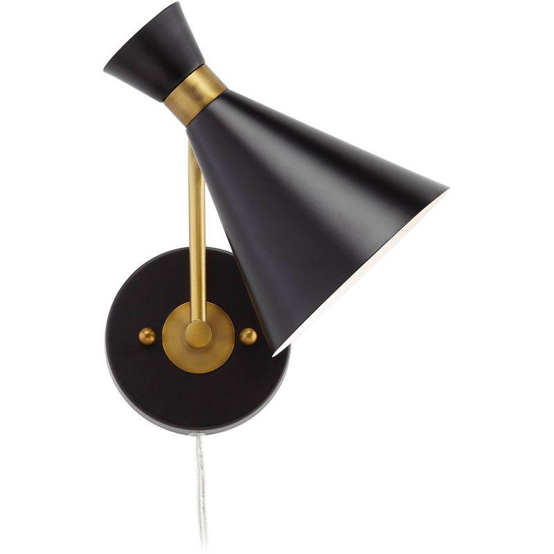 360 Lighting Venice Mid Century Modern Wall Lamp Matte Black Brass Plug-in 6 1/4" Light Fixture Adjustable Metal Cone Shade for Bedroom Living Room