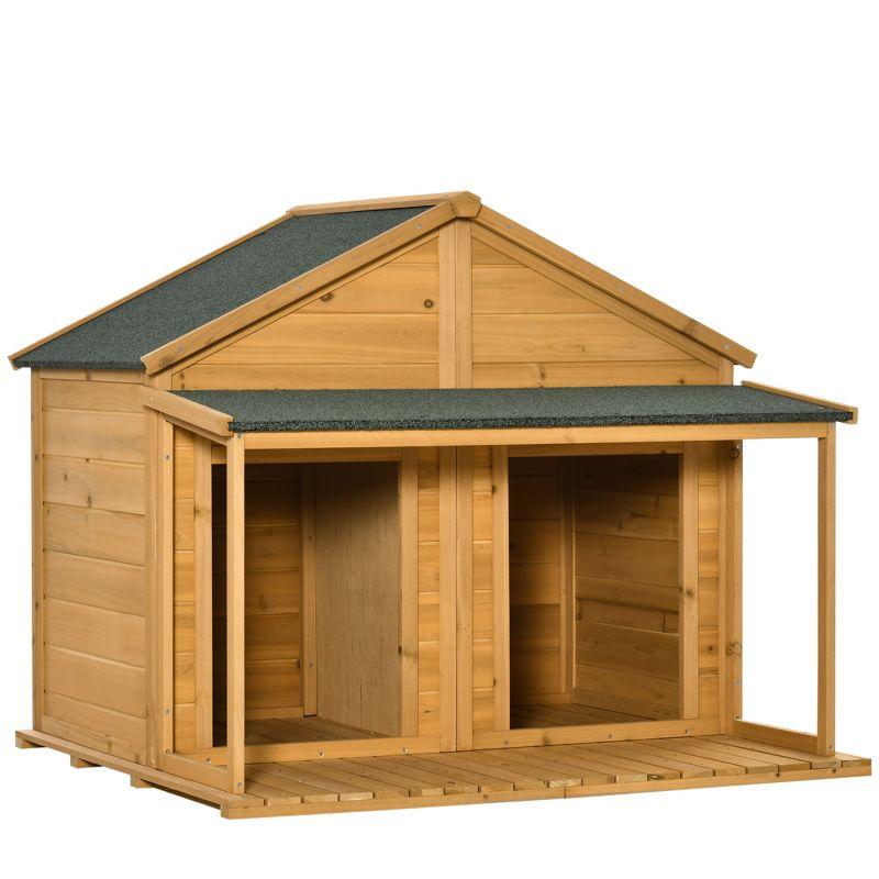 Medium Natural Wood Duplex Dog House with Porch