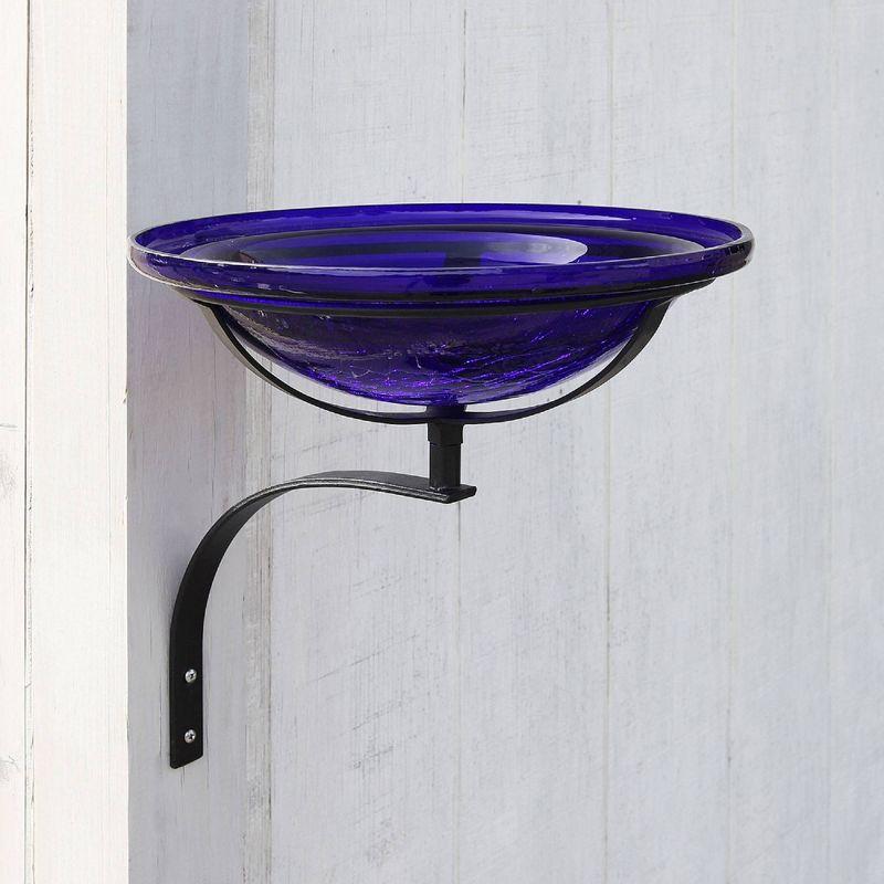 Cobalt Blue Crackle Glass Wall-Mounted Birdbath with Iron Bracket