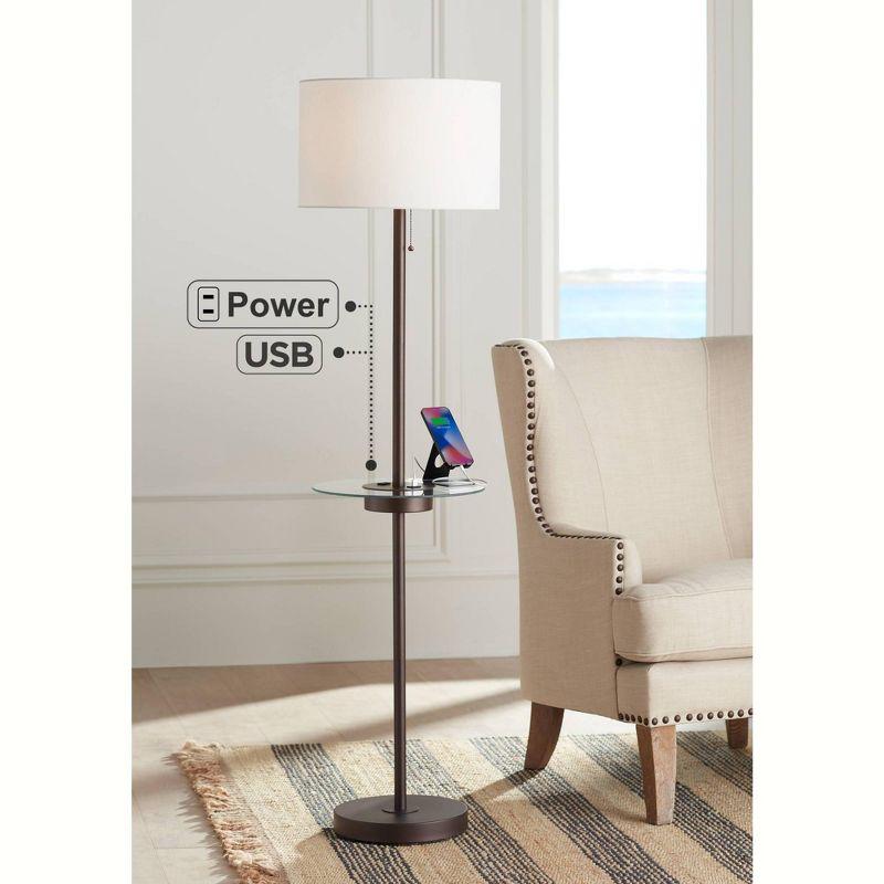 360 Lighting Caper Modern Floor Lamp with Tray Table 60 1/2" Tall Bronze USB and AC Power Outlet Off White Fabric Drum Shade for Living Room Office