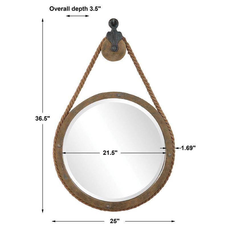 Rustic Round Brown Wood Pulley Mirror with Rope Detail