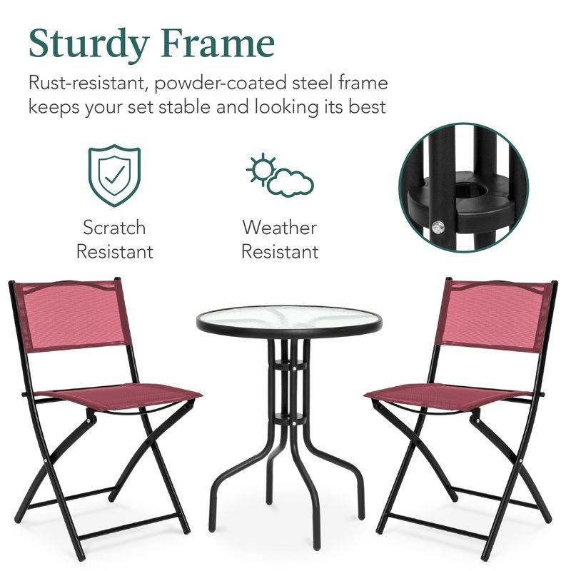 Best Choice Products 3-Piece Patio Bistro Dining Furniture Set w/ Glass Tabletop, Folding Chairs - Burgundy