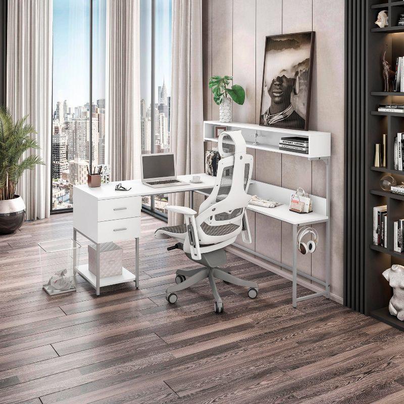 L Shape Desk with Hutch and Storage White - Techni Mobili: Industrial Style, Engineered Wood, Steel Frame, Ample Workspace