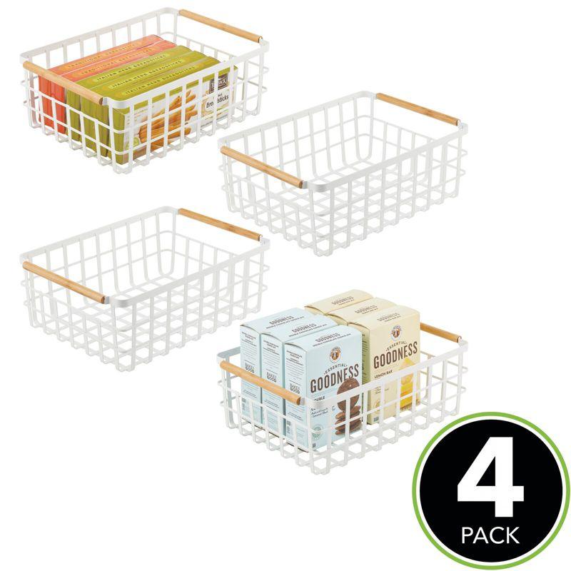 Matte White Rectangular Metal Wire Basket with Bamboo Handles, 4 Pack