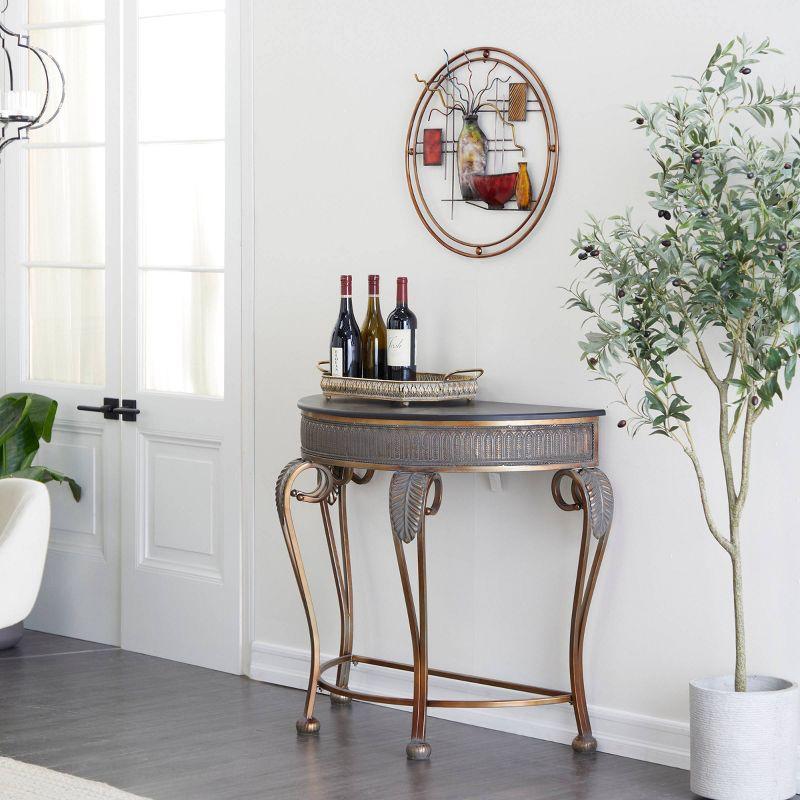 Allura Metal Embossed Leaf Console Table with Ornate Scroll Legs