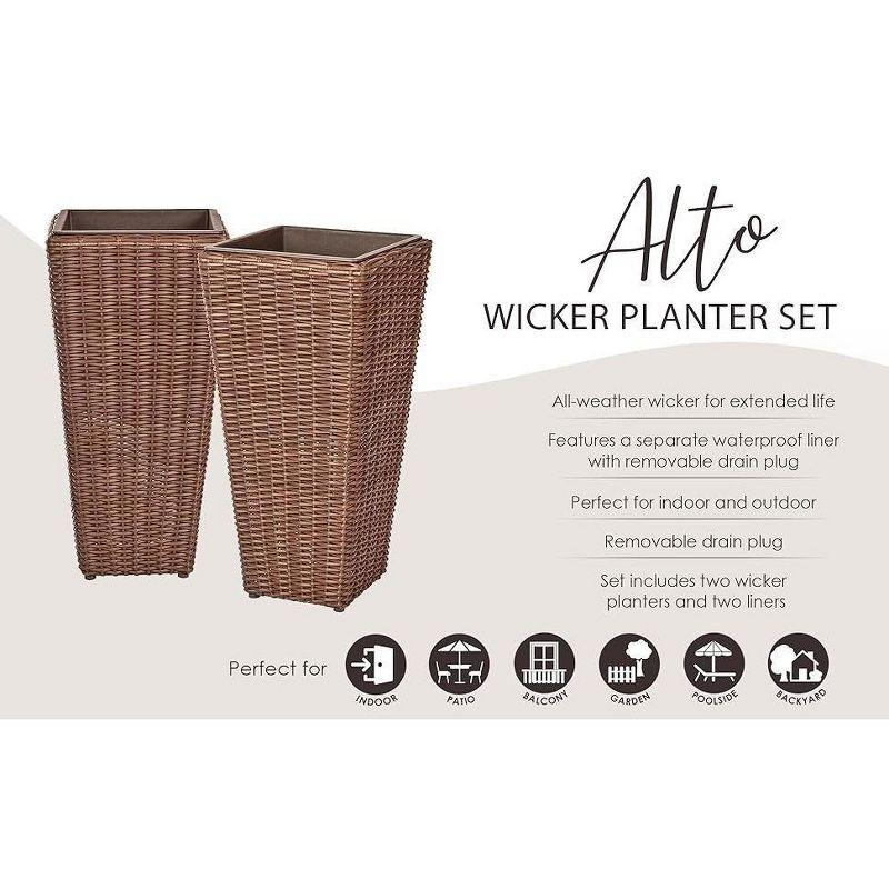 PatioSense Alto Balkene Home Alto Wicker Planter with Liners ,Tall Plant Decor Box for Outdoors - Mocha - Pack of 2
