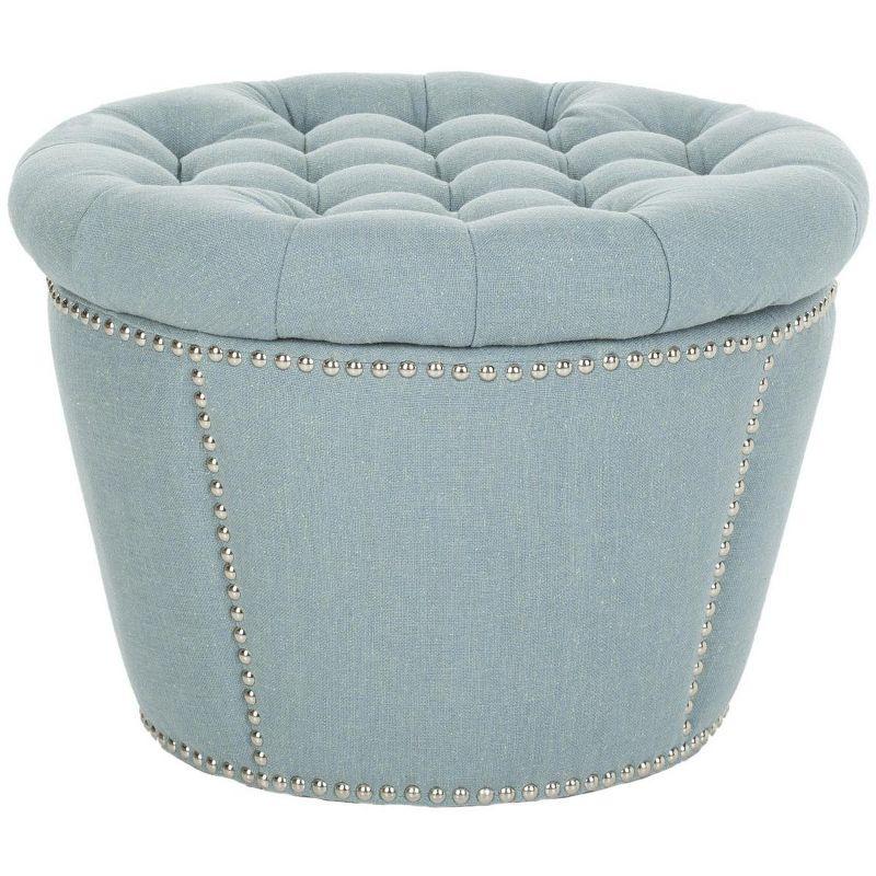 Sky Blue Tufted Round Linen Storage Ottoman