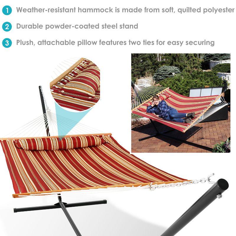 Sunnydaze 2-Person Freestanding Quilted Fabric Spreader Bar Hammock with Detachable Pillow and Stand - 400 lb Weight Capacity/15' Stand - Red Stripe
