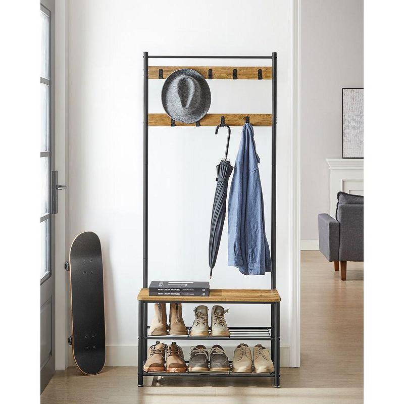 VASAGLE Hall Tree Entryway Coat Rack with Shoe Bench Rustic Walnut and Black