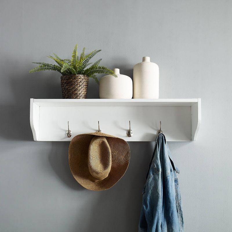 White Wood Wall-Mounted Entryway Shelf with Hooks