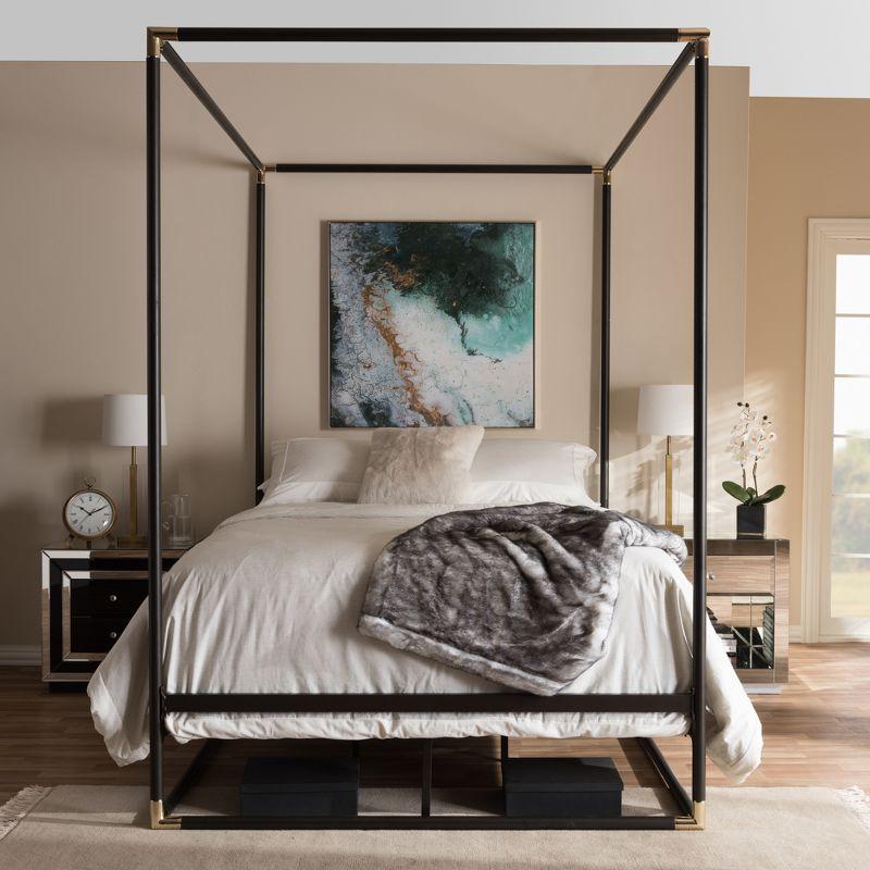 Queen Eva Vintage Industrial Finished Metal Canopy Bed Black - Baxton Studio: Matte Dark Bronze, Brass Accents