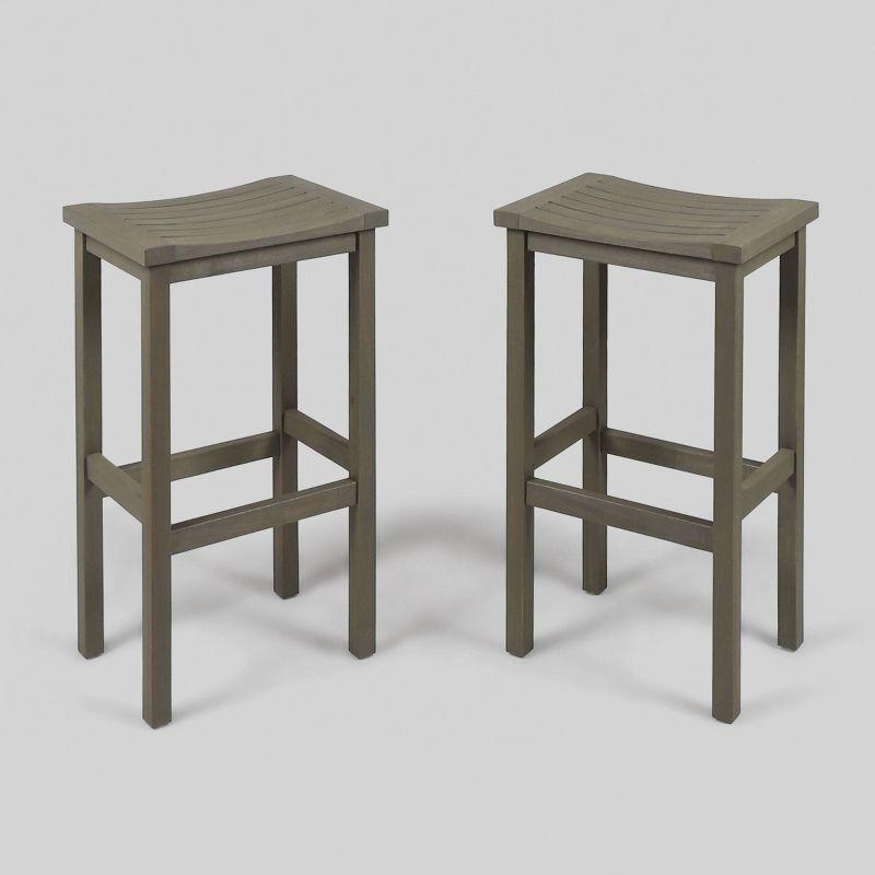 Caribbean 2pk 30" Acacia Wood Patio Barstool - Gray - Christopher Knight Home: Saddle Seat, Weather-Resistant