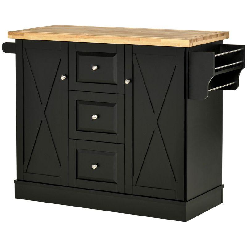 HOMCOM Farmhouse Mobile Kitchen Island Utility Cart on Wheels with Barn Door Style Cabinets, Drawers