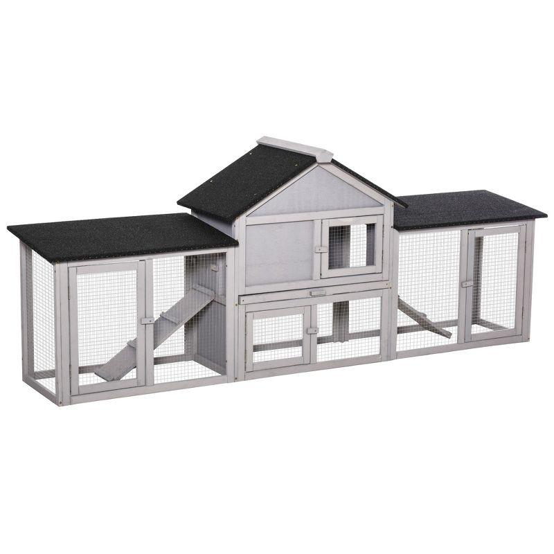 PawHut 83" Wooden Rabbit Hutch Large Bunny Hutch House with Double Run, Removable Tray and Waterproof Roof for Outdoor, Gray