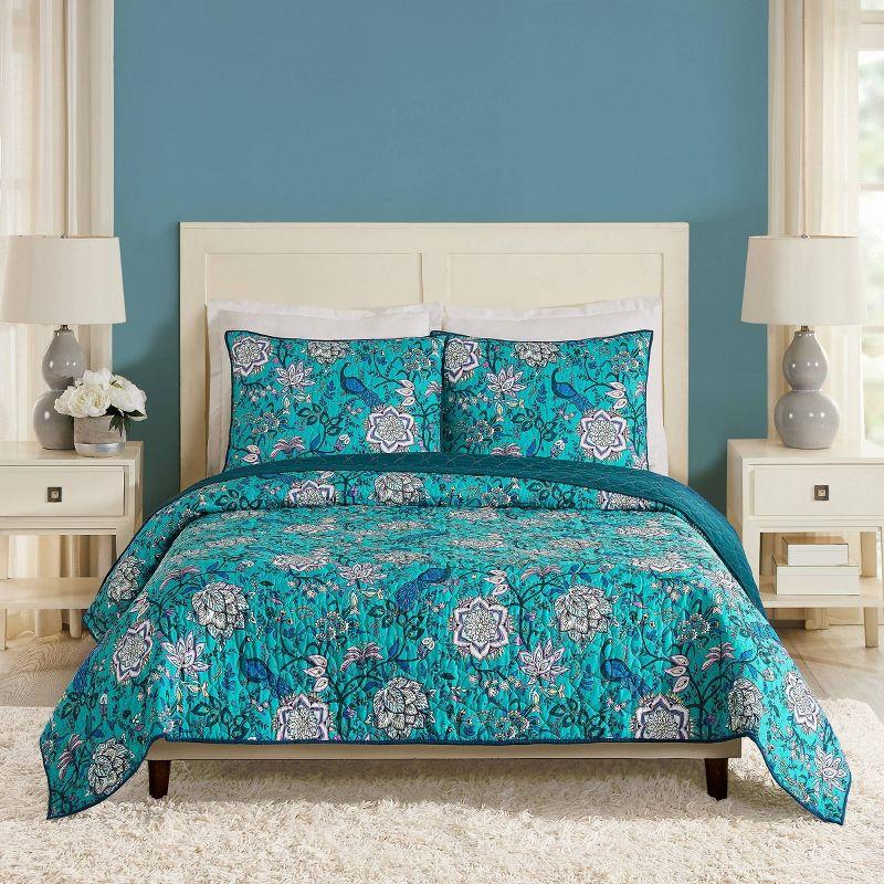 Peacock Garden Blue Microfiber Full Quilt Set