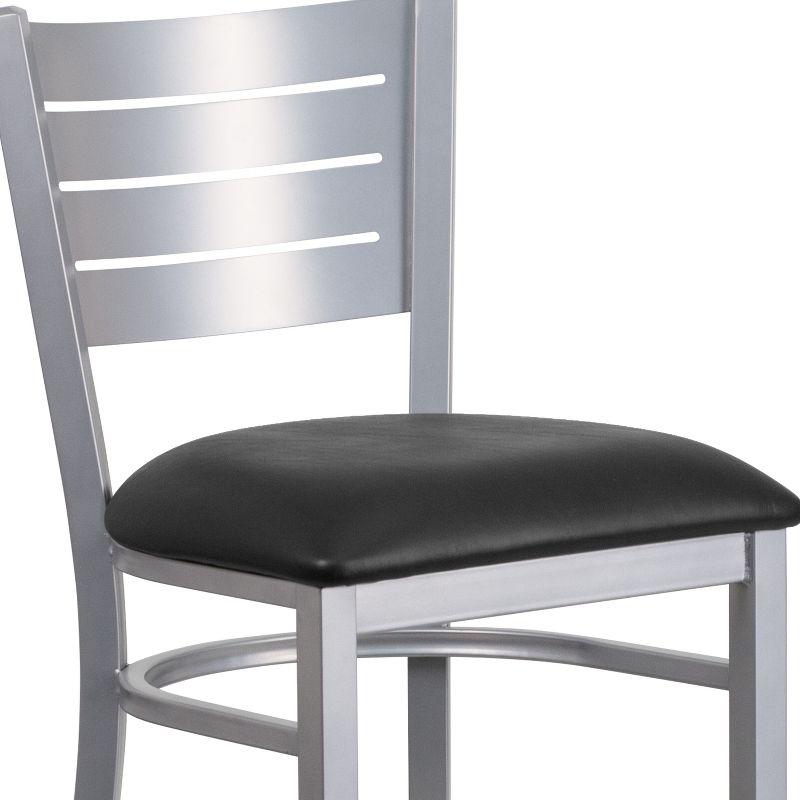 Sleek Silver Slat-Back Barstool with Black Vinyl Seat