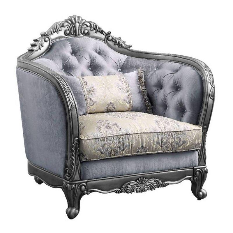 Ariadne Platinum Gray Floral Accent Chair with Carved Wood Detail