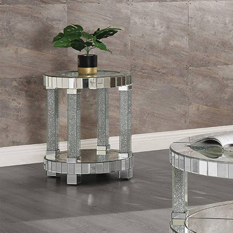 Round Mirrored Glass End Table with Faux Diamonds