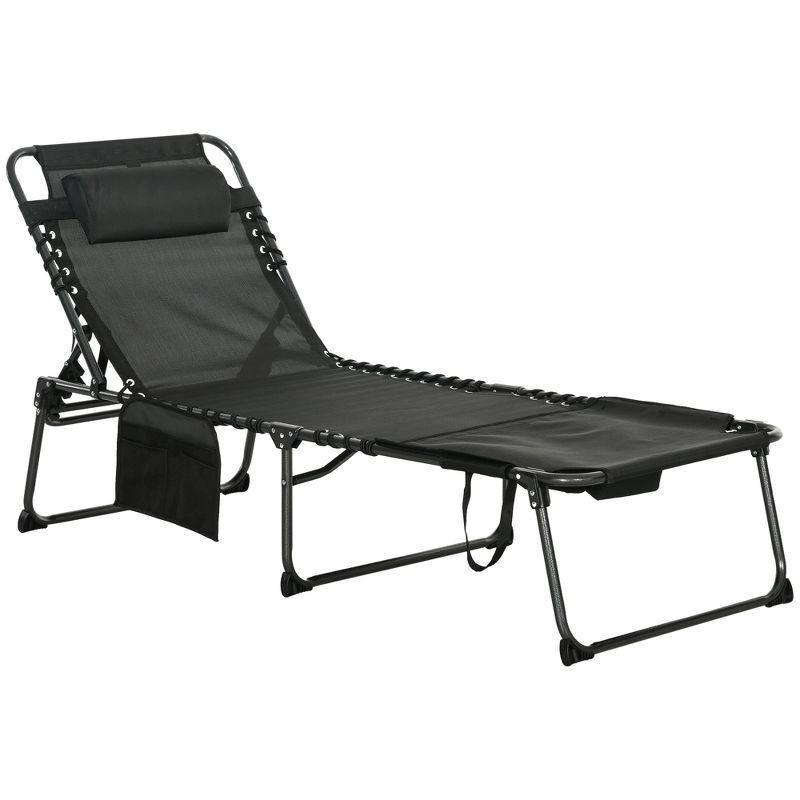 Black Mesh Folding Armless Outdoor Chaise Lounge with Pillow