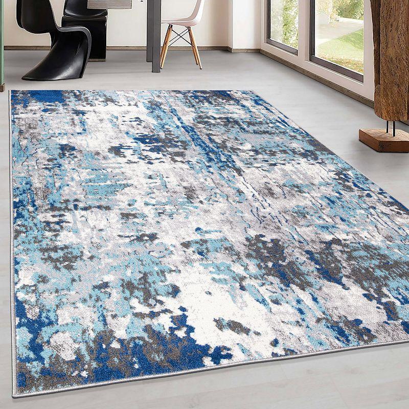 World Rug Gallery Distressed Modern Abstract Area Rug - Blue 5' x 7':  Stain-Resistant,  Low Pile,  Machine Made,  Indoor