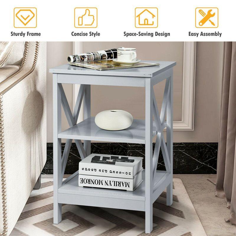 Costway 3-Tier Nightstand End Table X Design Storage Display Shelf Living Room Grey