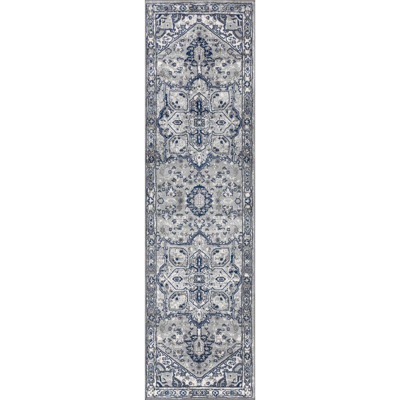2'x8' Modern Persian Vintage Medallion Runner Rug, Light Grey/Navy - JONATHAN Y