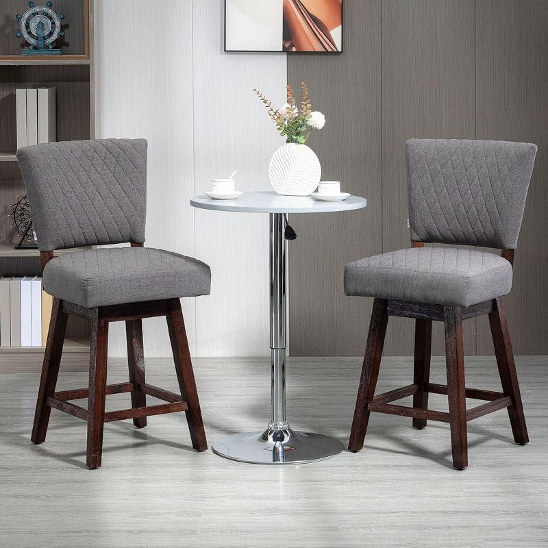 Gray Quilted Swivel Bar Stools with Rubberwood Legs, Set of 2