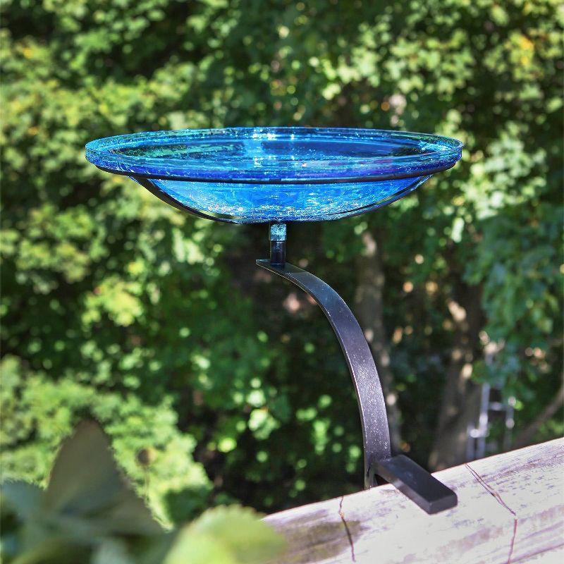 13.7" Reflective Crackle Glass Birdbath Bowl with Rail Mount Bracket Teal Blue - Achla Designs: Weather-Resistant, No Assembly Required