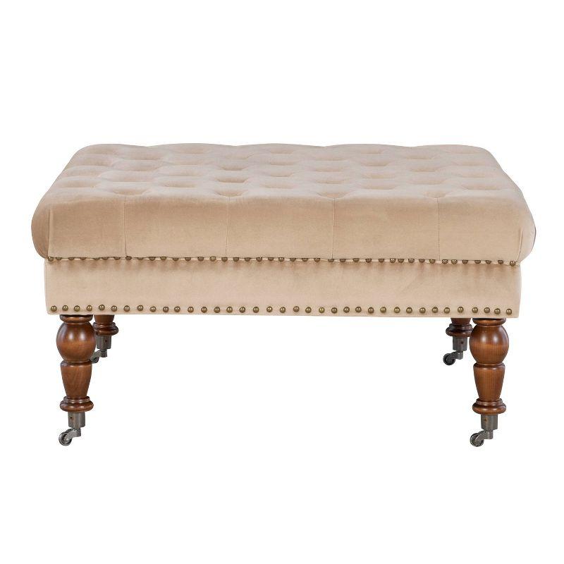 Elegant Tan Linen Tufted Cocktail Ottoman with Dark Walnut Legs