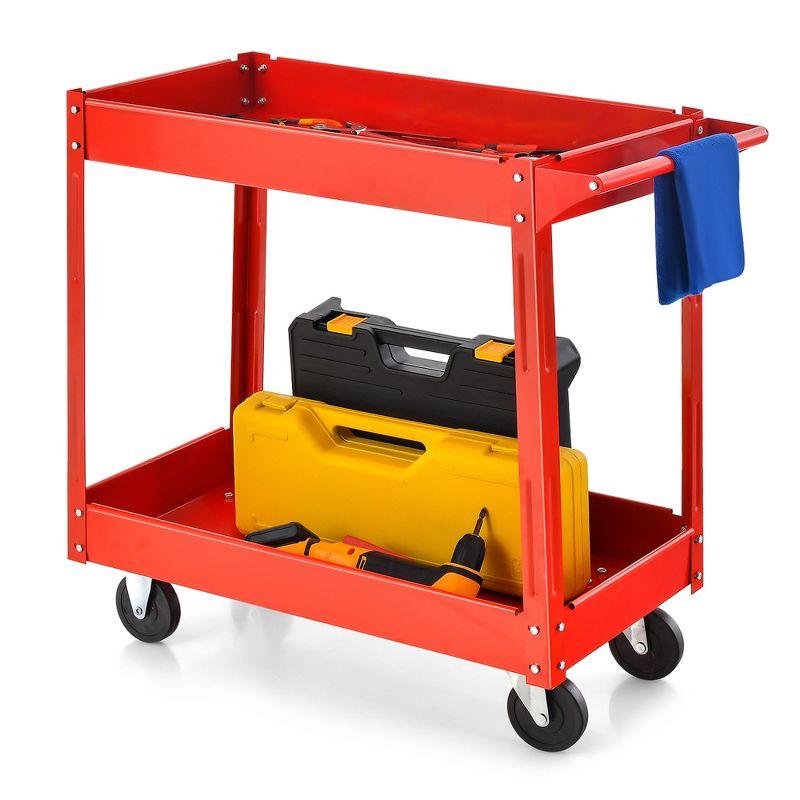 Red Metal 2-Tier Utility Cart with Wheels and Handle