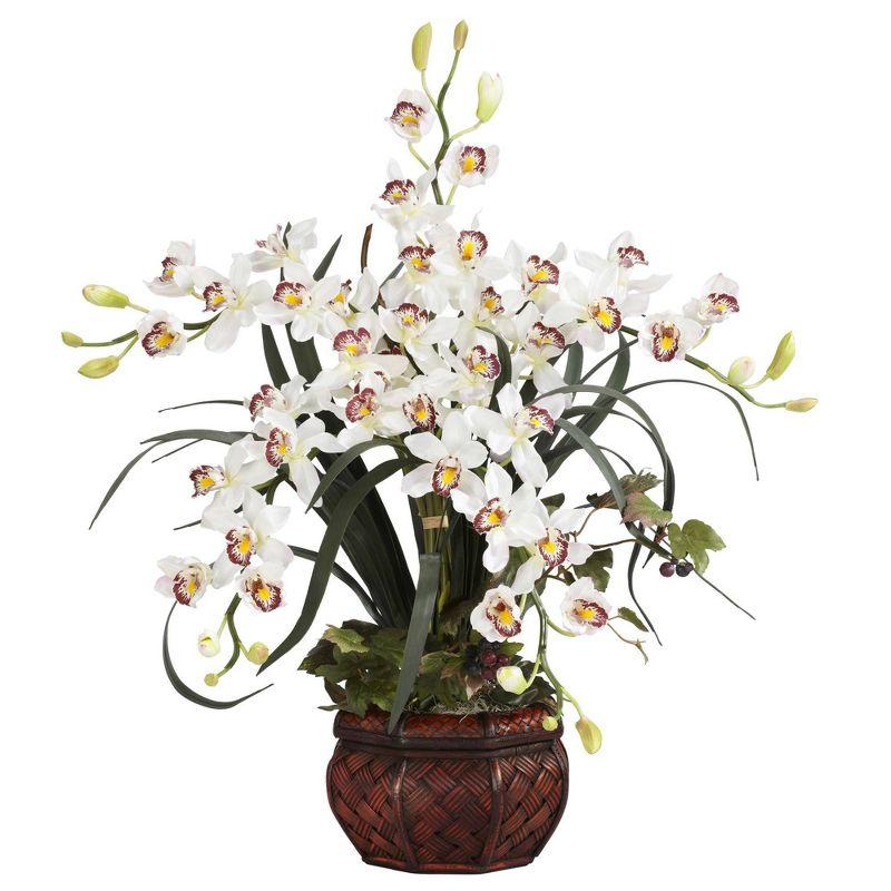 Nearly Natural White Cymbidium Silk Flower Arrangement with Decorative Vase