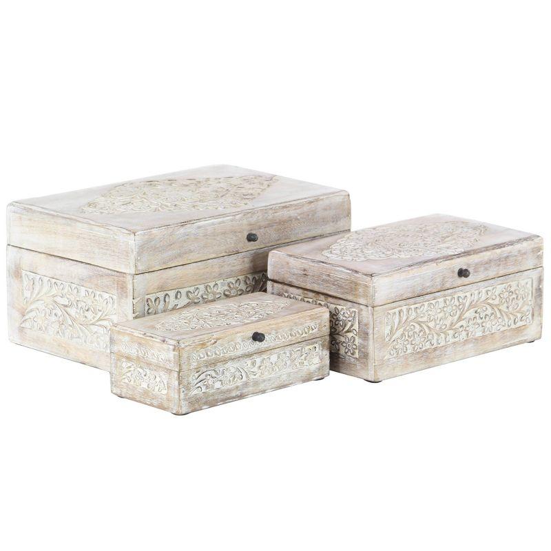 Set of 3 Whitewashed Mango Wood Carved Lidded Boxes