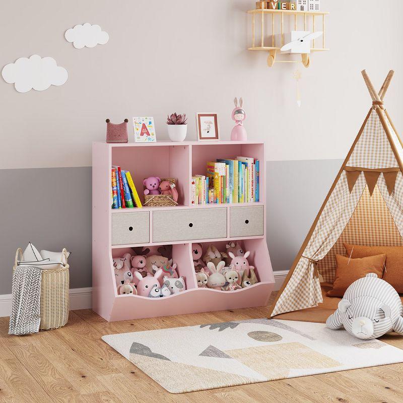 3-Tier Kids Bookshelf, Toy Storage Organizer with 3 Drawers,Wooden Bookcase with Large Toy Storage Cabinet for Playroom