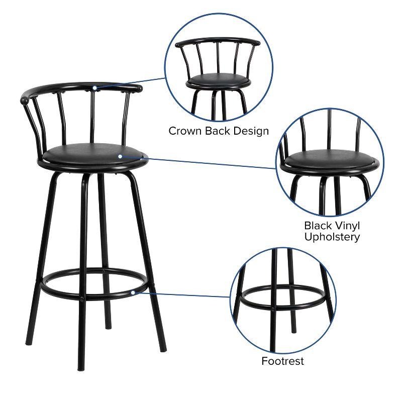 Elegant Crown Back Black Leather Swivel Barstool with Metal Frame