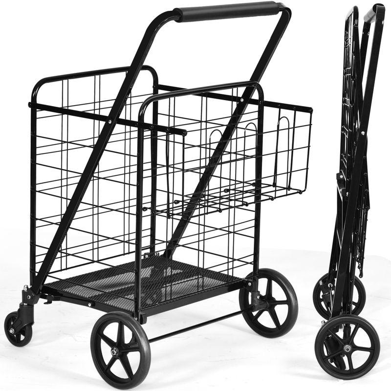 Costway Heavy Duty Folding Shopping Cart Utility Jumbo Double Basket 330lbs Black