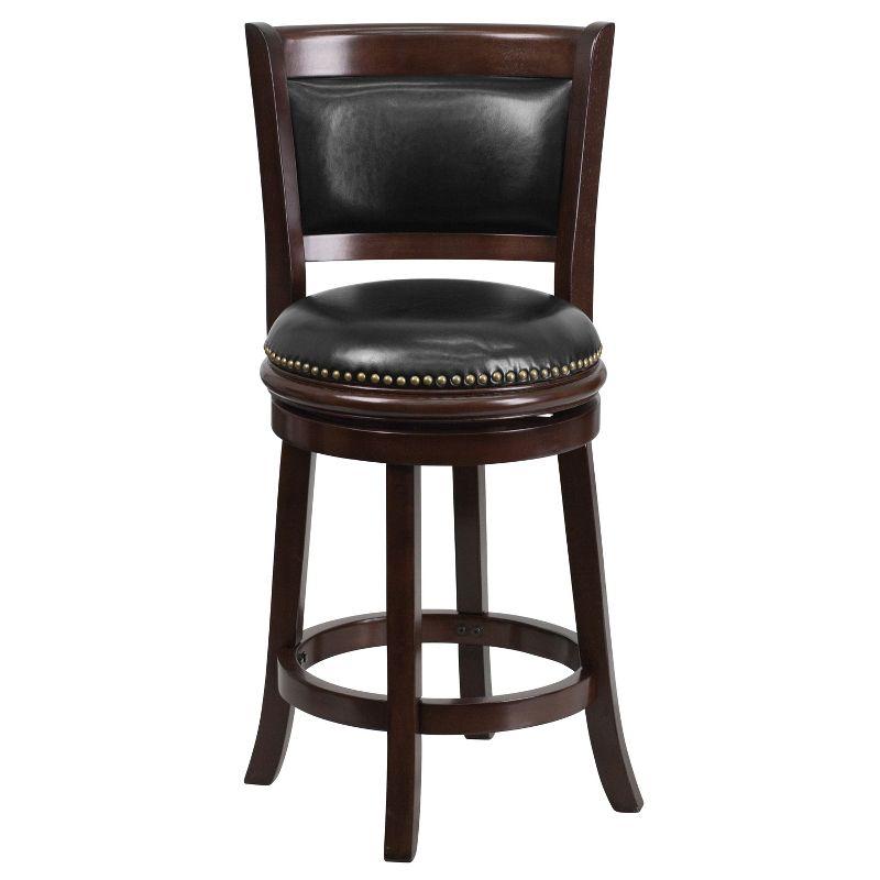 Elegant Cappuccino Wood and Black Leather Swivel Counter Height Stool