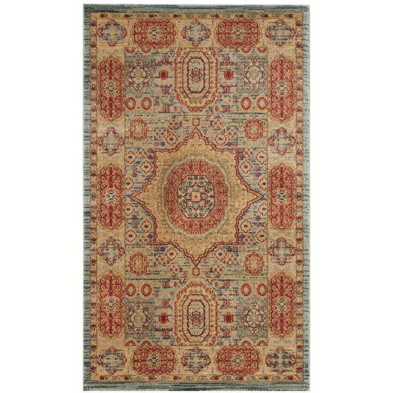 Red and Beige Rectangular Synthetic Area Rug