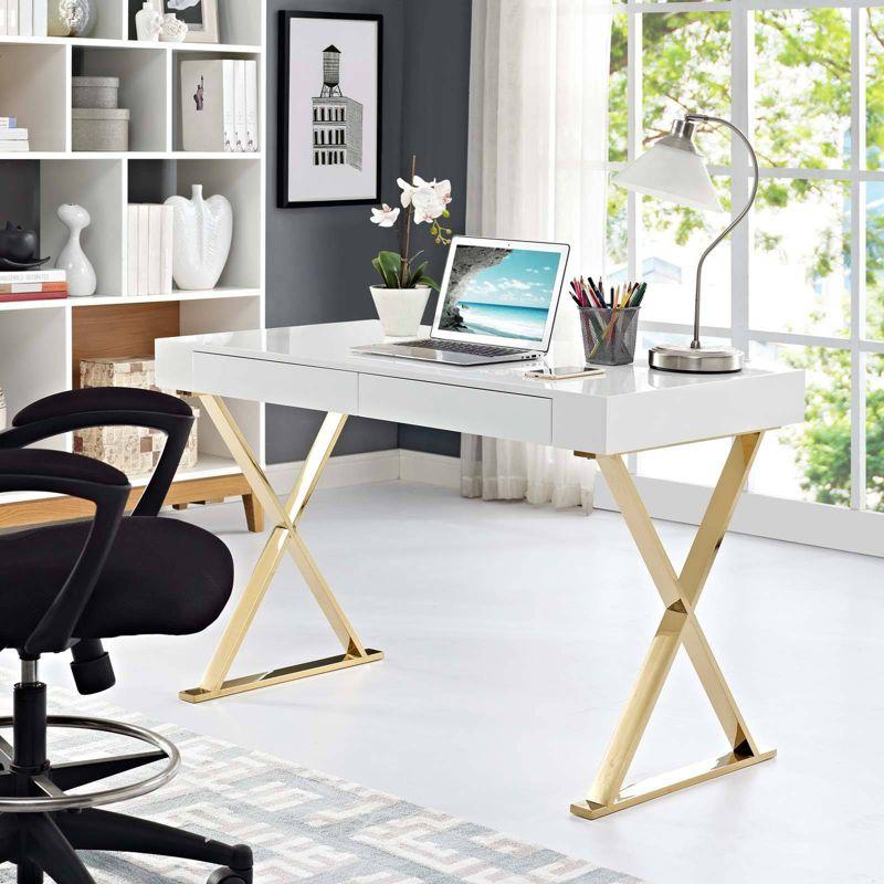 White and Gold X-Base Writing Desk with Drawer