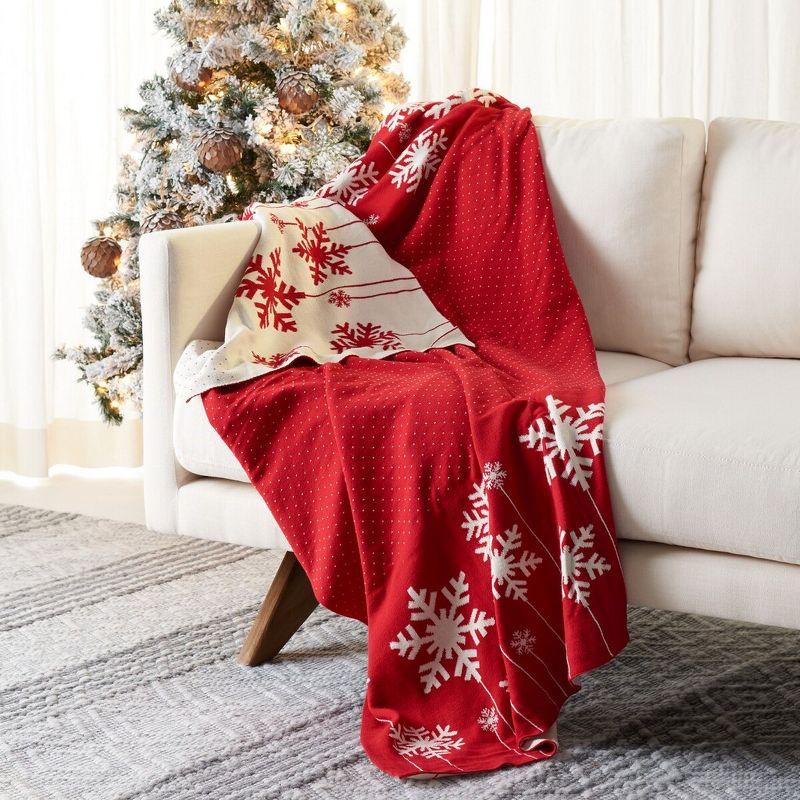 Red and White Reversible Cotton Snowflake Throw Blanket