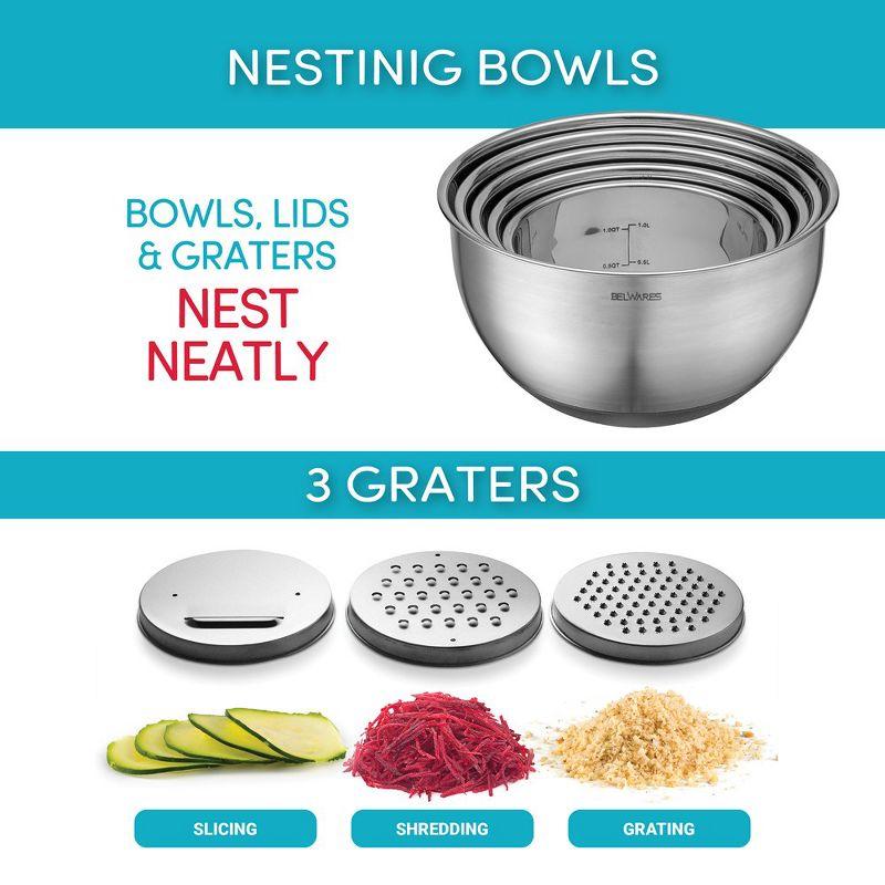 Mixing Bowls with Lids Set - Nesting Bowls with Airtight Lids + Graters - Stainless Steel Non-Slip Mixing Bowl for Baking, (Black, 5-Piece Set)