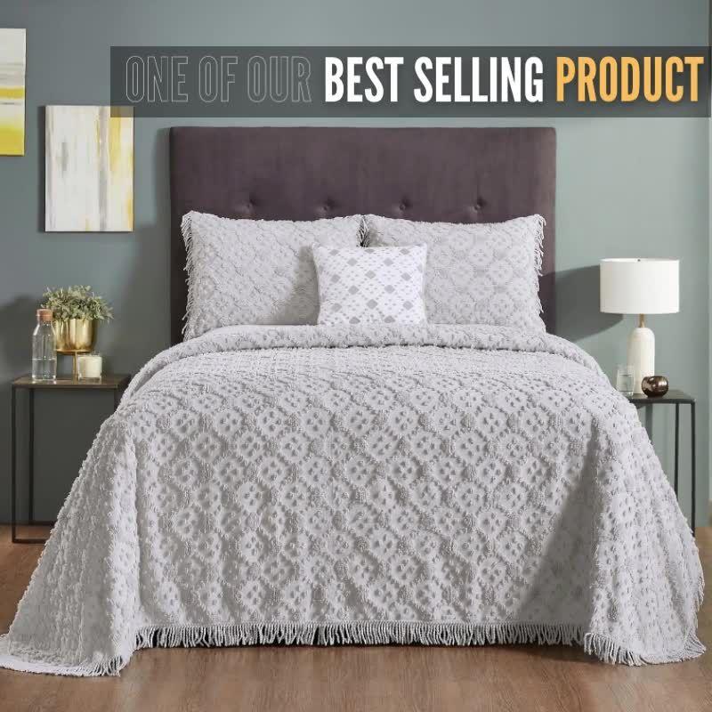 Better Trends Charleston Collection 100% Cotton Bedding sets, Machine Washable Soft and Breathable 4-piece Chenille Bedspread & Sham with Geometric Embroidery, All season