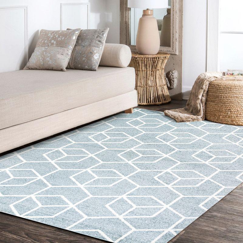 4'x6' Tumbling Blocks Modern Geometric Area Rug, Light Blue/White - JONATHAN Y