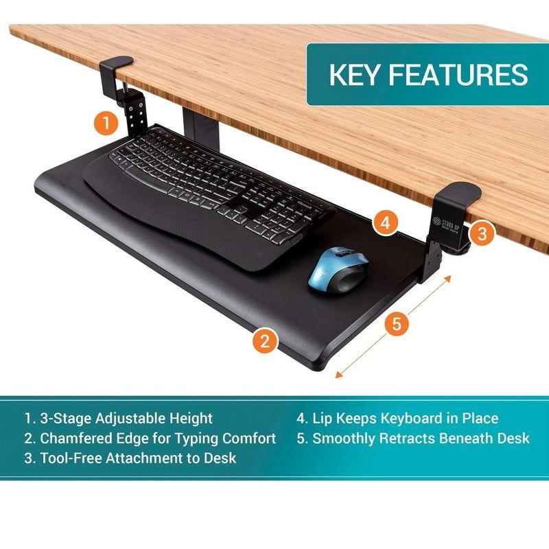 Stand Up Desk Store Clamp-On Retractable Adjustable Keyboard Tray / Under Desk Keyboard Tray | Increase Comfort And Usable Desk Space | For Desks Up To 1.5"