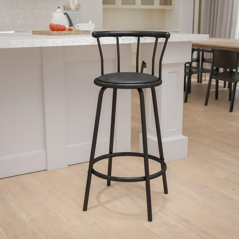 Elegant Crown Back Black Leather Swivel Barstool with Metal Frame