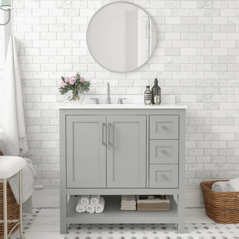 Taylor & Logan 36" Vivien Bathroom Vanity with Open Shelf and 3 Drawers Gray: Stoneware Top, Wood Frame, Single Basin