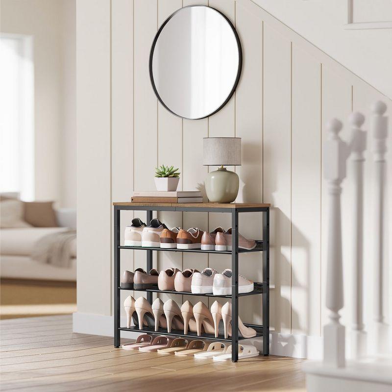 Industrial Black Metal and Wood 4-Tier Shoe Rack