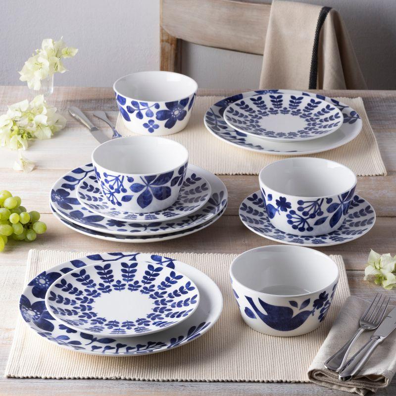 Blue and White Floral Porcelain 12-Piece Dinnerware Set