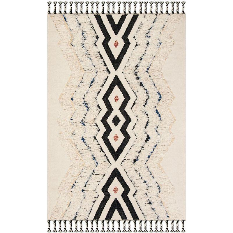 Ivory and Black Hand-Knotted Wool Geometric Area Rug