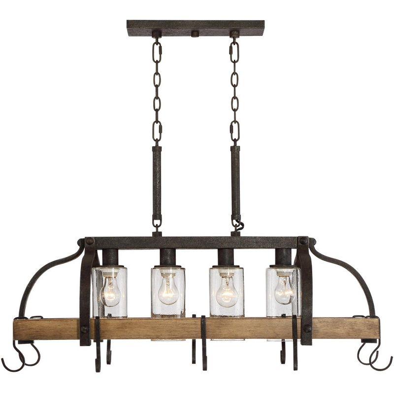 Eldridge Bronze and Wood Pot Rack Chandelier with Seeded Glass