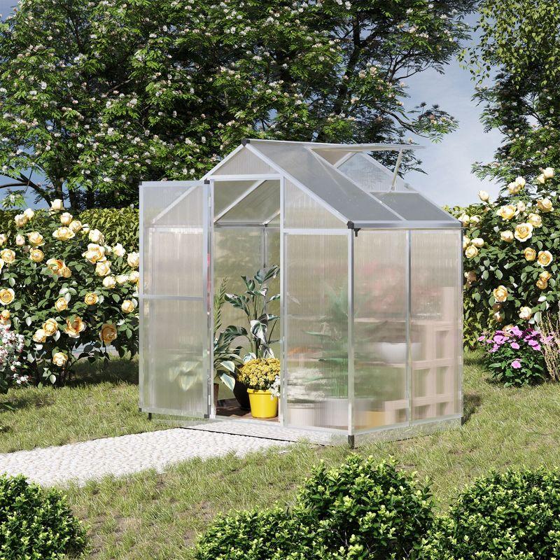 Outsunny Walk-In Polycarbonate Greenhouse with Roof Vent for Ventilation & Rain Gutter, Hobby Greenhouse for Winter